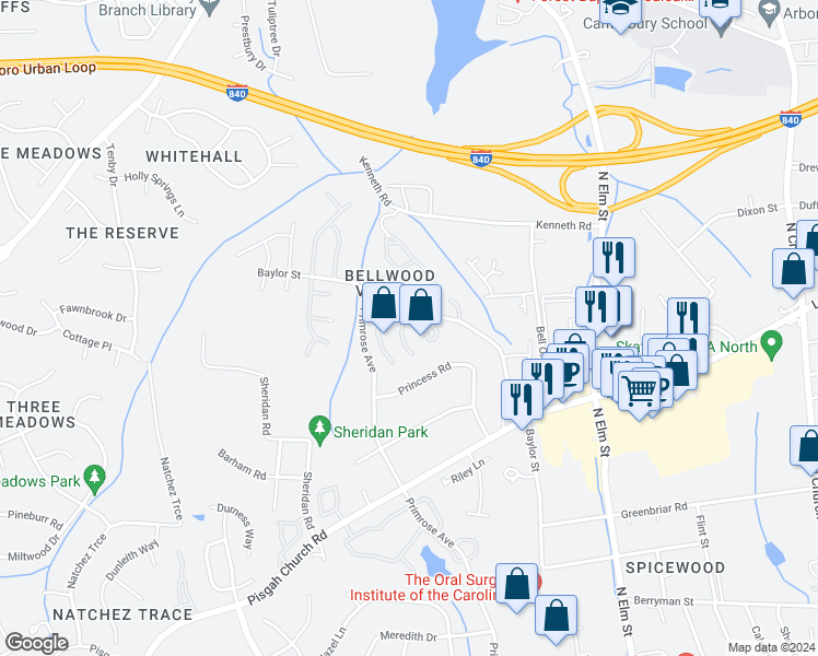 map of restaurants, bars, coffee shops, grocery stores, and more near 4311 Baylor Street in Greensboro