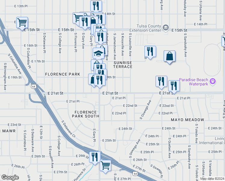 map of restaurants, bars, coffee shops, grocery stores, and more near 3415 E 21st St in Tulsa