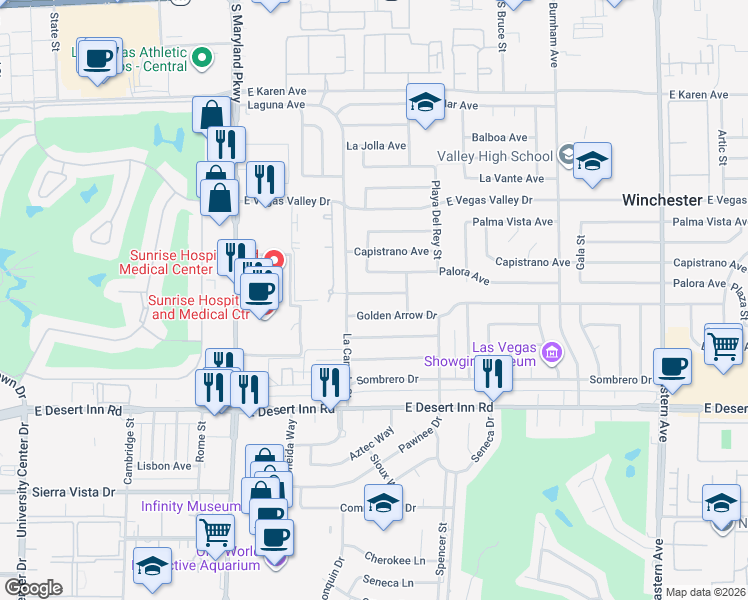map of restaurants, bars, coffee shops, grocery stores, and more near 1571 Serenada Avenue in Las Vegas