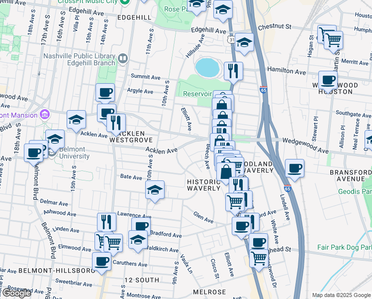 map of restaurants, bars, coffee shops, grocery stores, and more near 839 Acklen Avenue in Nashville