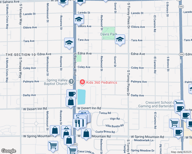 map of restaurants, bars, coffee shops, grocery stores, and more near 6742 Palmyra Ave in Las Vegas