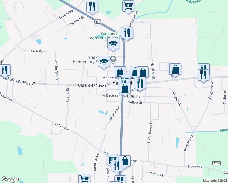 map of restaurants, bars, coffee shops, grocery stores, and more near 121 West Elm Street in Yadkinville