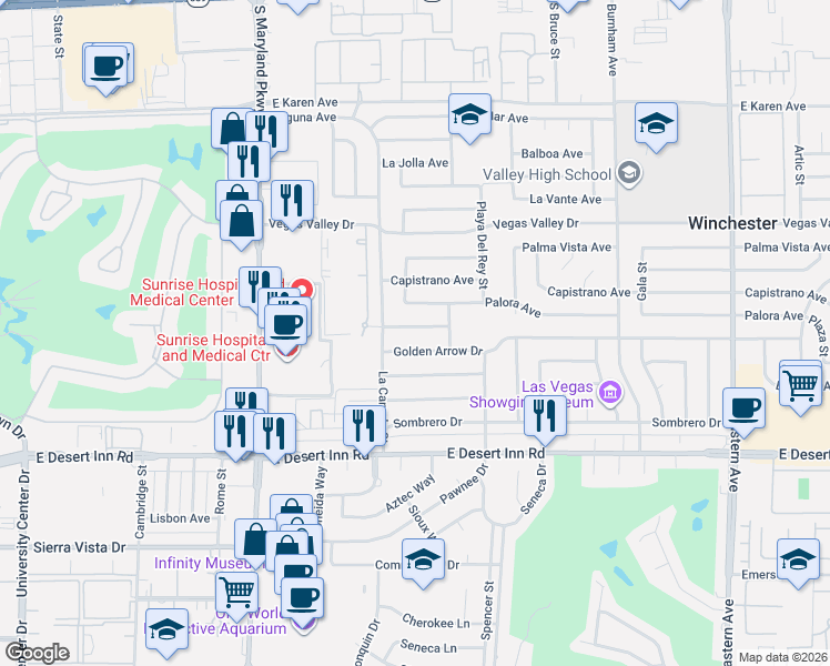 map of restaurants, bars, coffee shops, grocery stores, and more near 1571 Serenada Avenue in Las Vegas