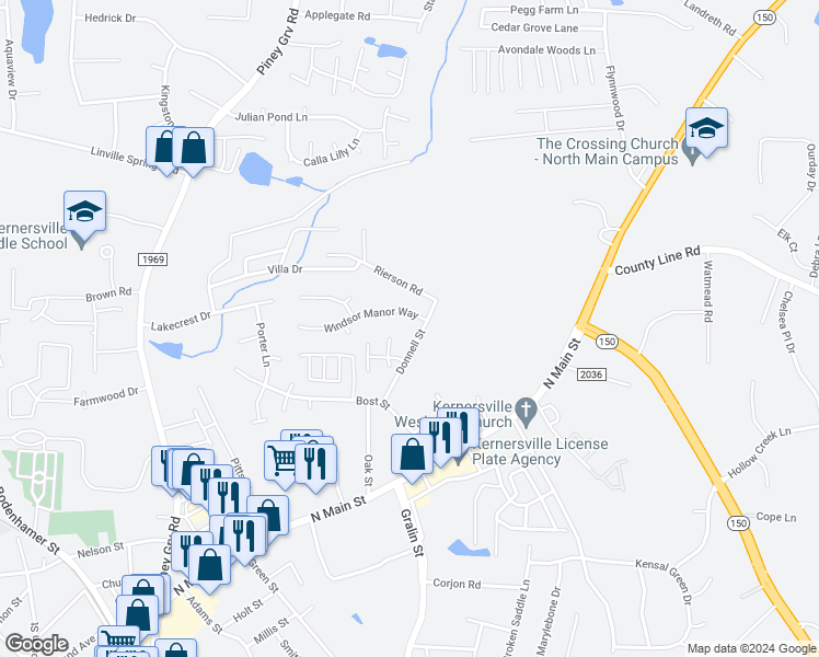 map of restaurants, bars, coffee shops, grocery stores, and more near 301 Windsor Manor Way in Kernersville
