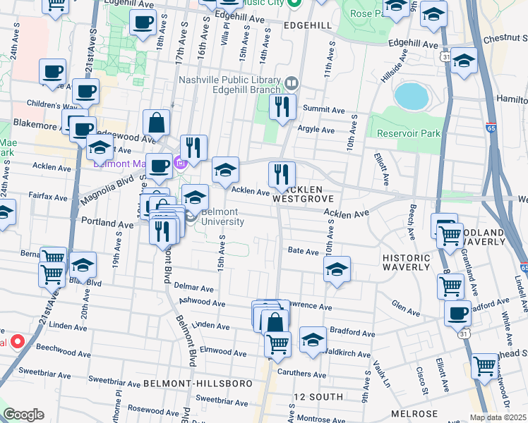 map of restaurants, bars, coffee shops, grocery stores, and more near 1304 Caldwell Avenue in Nashville