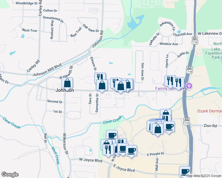 map of restaurants, bars, coffee shops, grocery stores, and more near 2208 Main Drive in Fayetteville
