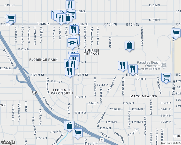 map of restaurants, bars, coffee shops, grocery stores, and more near 1947 South Knoxville Avenue in Tulsa