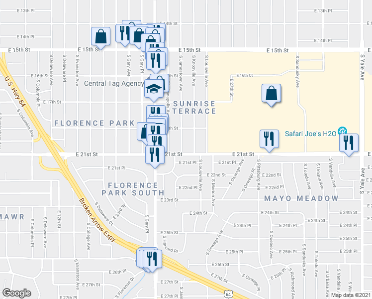 map of restaurants, bars, coffee shops, grocery stores, and more near 1947 South Knoxville Avenue in Tulsa