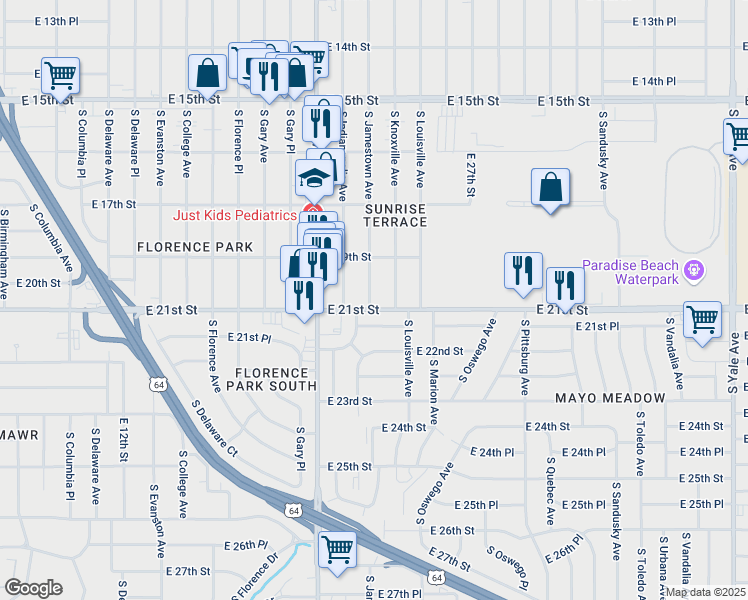 map of restaurants, bars, coffee shops, grocery stores, and more near 3415 East 21st Street in Tulsa