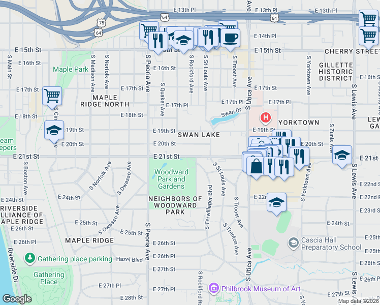 map of restaurants, bars, coffee shops, grocery stores, and more near 1515 East 21st Street in Tulsa