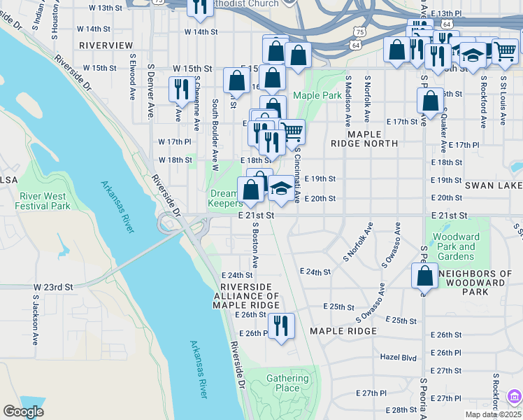 map of restaurants, bars, coffee shops, grocery stores, and more near 116 East 21st Street in Tulsa