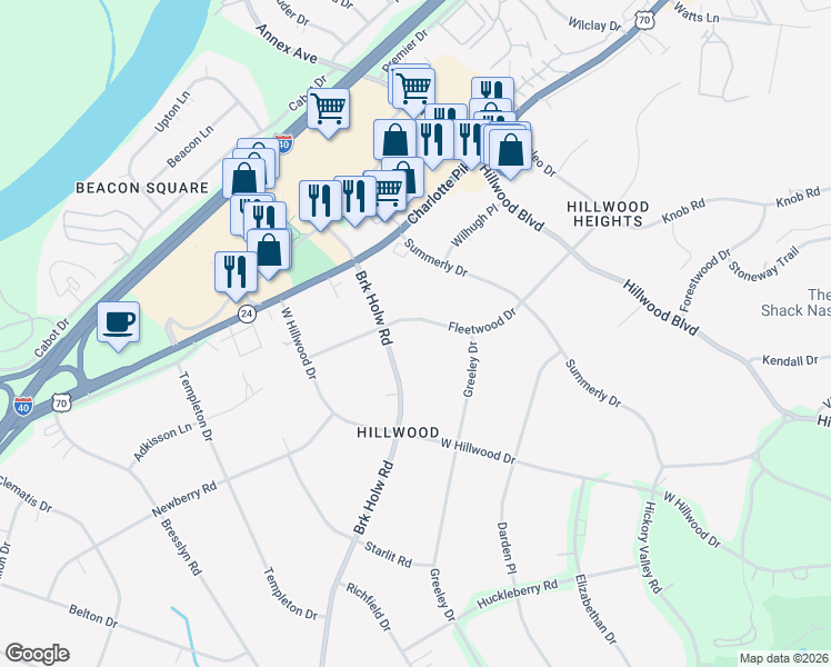 map of restaurants, bars, coffee shops, grocery stores, and more near 6733 Fleetwood Drive in Nashville
