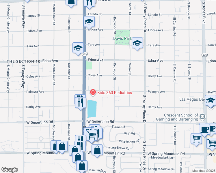 map of restaurants, bars, coffee shops, grocery stores, and more near 6742 Palmyra Avenue in Las Vegas