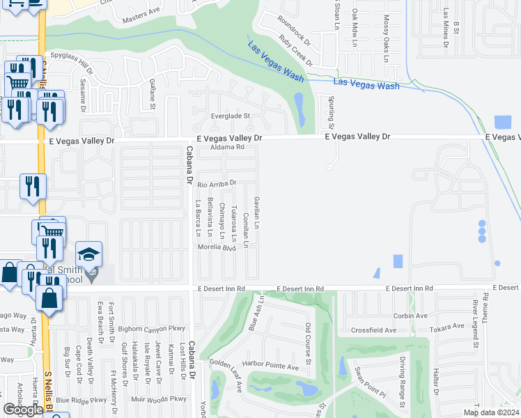 map of restaurants, bars, coffee shops, grocery stores, and more near 3076 Gavilan Lane in Las Vegas
