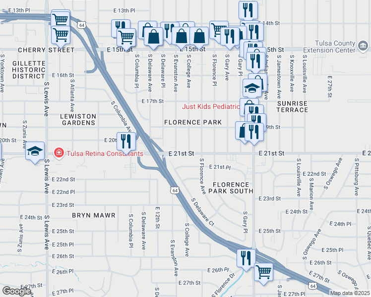 map of restaurants, bars, coffee shops, grocery stores, and more near 1940 South College Avenue in Tulsa