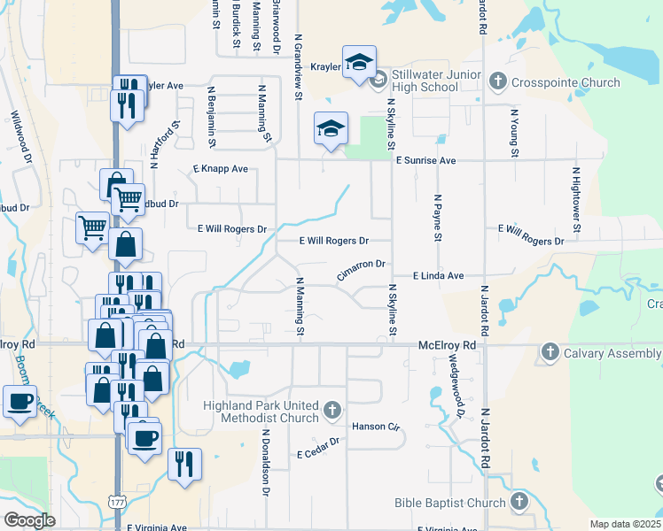 map of restaurants, bars, coffee shops, grocery stores, and more near 1423 East Cimarron Lane in Stillwater