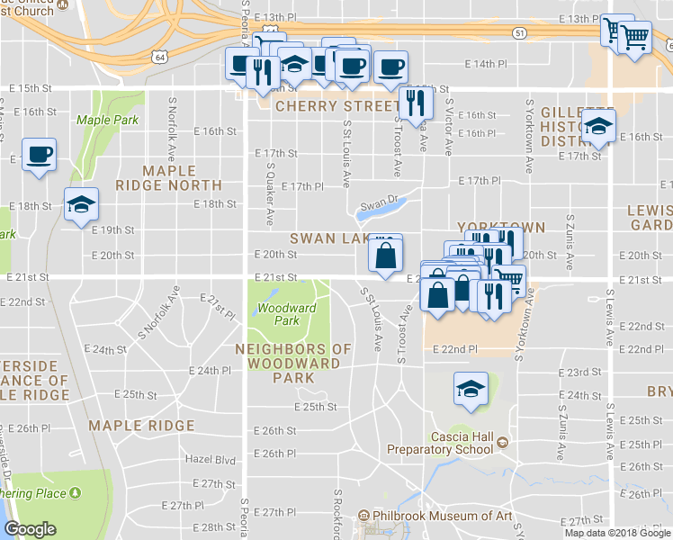 map of restaurants, bars, coffee shops, grocery stores, and more near 1515 East 21st Street in Tulsa