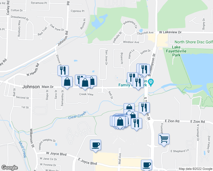 map of restaurants, bars, coffee shops, grocery stores, and more near 1802 Main Drive in Springdale