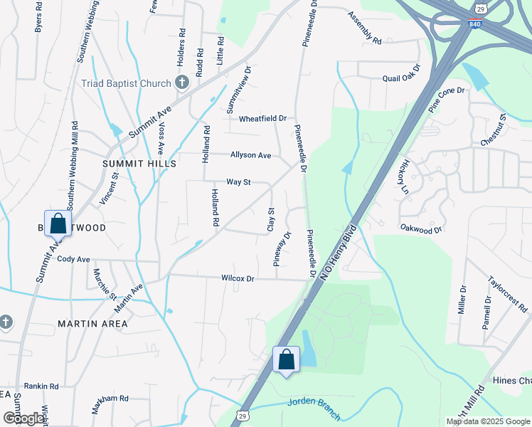 map of restaurants, bars, coffee shops, grocery stores, and more near 3807 Clay St in Greensboro