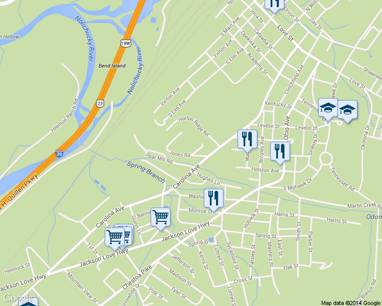 map of restaurants, bars, coffee shops, grocery stores, and more near 101 Spar St in Erwin