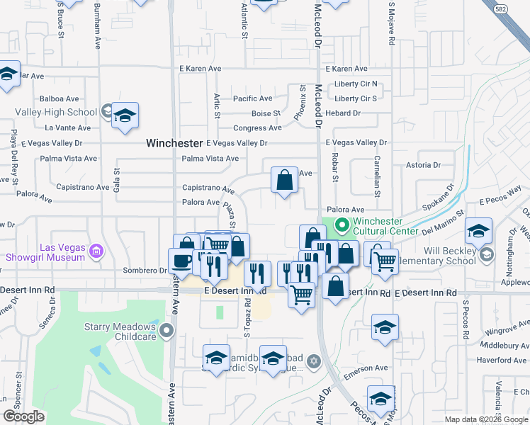 map of restaurants, bars, coffee shops, grocery stores, and more near 3080 Capistrano Court in Las Vegas