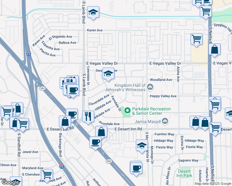 map of restaurants, bars, coffee shops, grocery stores, and more near 4399 Cloverdale Ave in Las Vegas
