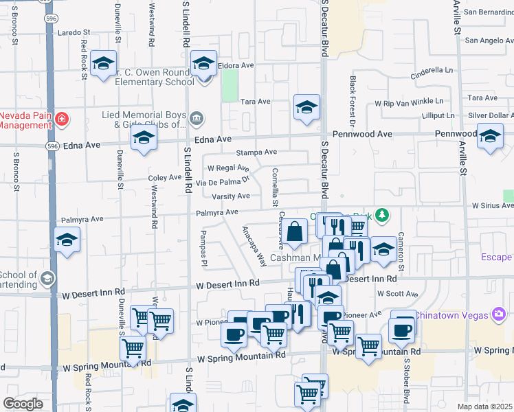 map of restaurants, bars, coffee shops, grocery stores, and more near 5188 Palmyra Avenue in Las Vegas
