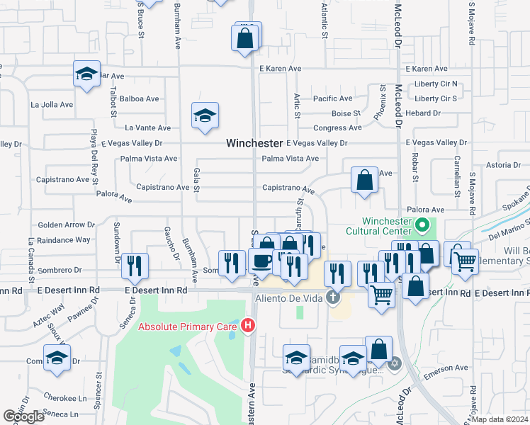 map of restaurants, bars, coffee shops, grocery stores, and more near 2432 Golden Arrow Drive in Las Vegas