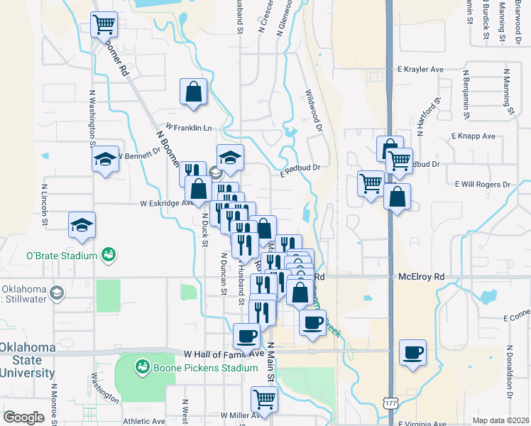 map of restaurants, bars, coffee shops, grocery stores, and more near 1114 North Main Street in Stillwater