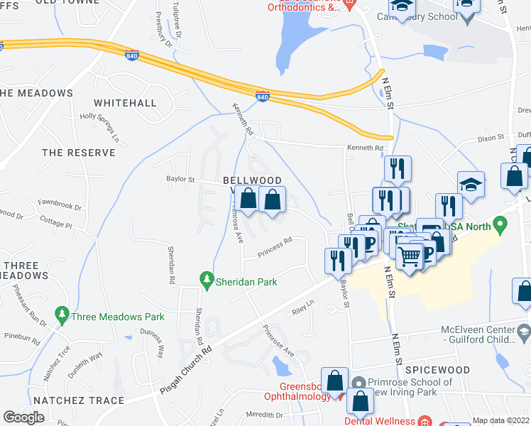 map of restaurants, bars, coffee shops, grocery stores, and more near 4309 Baylor Street in Greensboro
