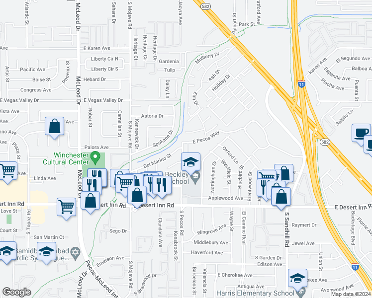 map of restaurants, bars, coffee shops, grocery stores, and more near 3078 South Pecos Road in Las Vegas