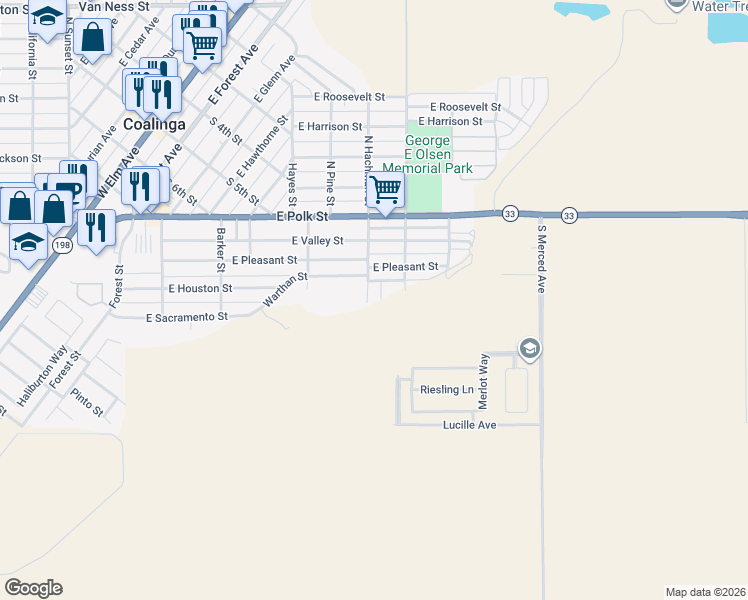 map of restaurants, bars, coffee shops, grocery stores, and more near 451 South Hachman Street in Coalinga