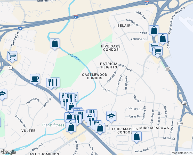 map of restaurants, bars, coffee shops, grocery stores, and more near 1058 Harold Drive in Nashville