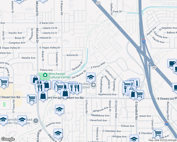 map of restaurants, bars, coffee shops, grocery stores, and more near 3078 South Pecos Road in Las Vegas