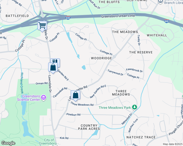 map of restaurants, bars, coffee shops, grocery stores, and more near 4011 Ridgedale Drive in Greensboro