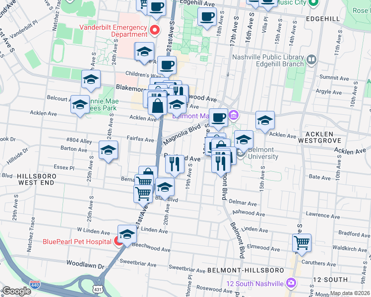map of restaurants, bars, coffee shops, grocery stores, and more near 1925 19th Avenue South in Nashville