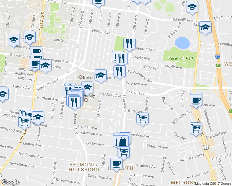 map of restaurants, bars, coffee shops, grocery stores, and more near 1304 Caldwell Avenue in Nashville