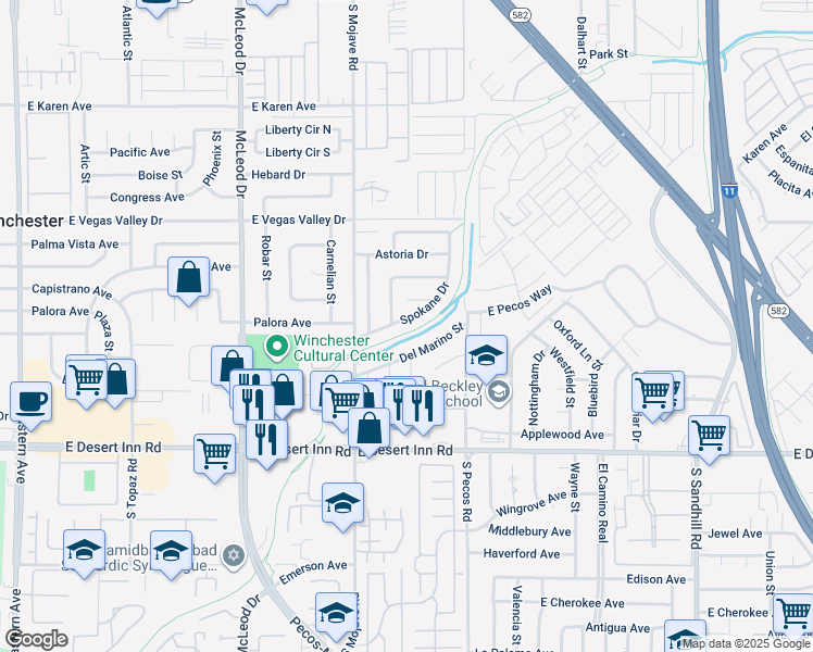 map of restaurants, bars, coffee shops, grocery stores, and more near 3122 Spokane Drive in Las Vegas