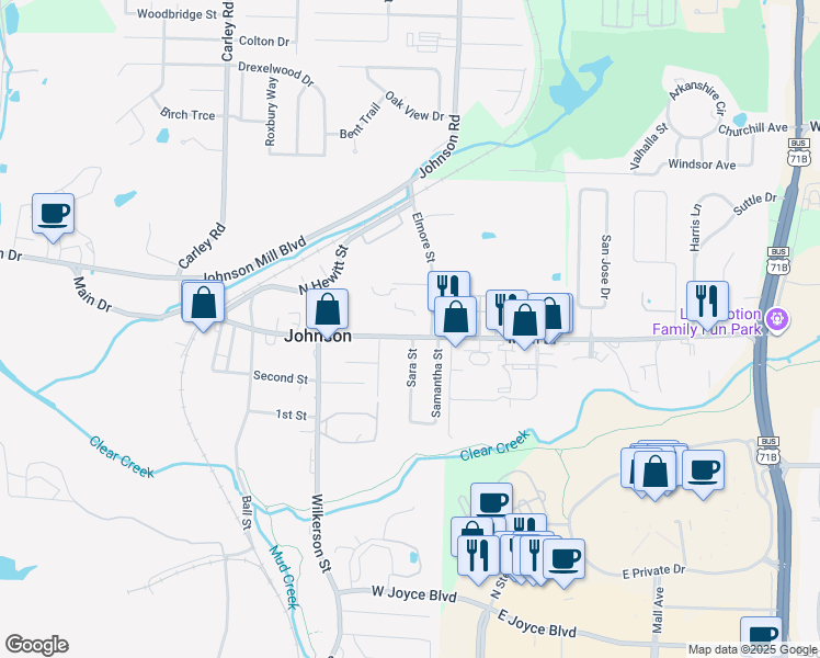map of restaurants, bars, coffee shops, grocery stores, and more near 2400 Main Drive in Springdale