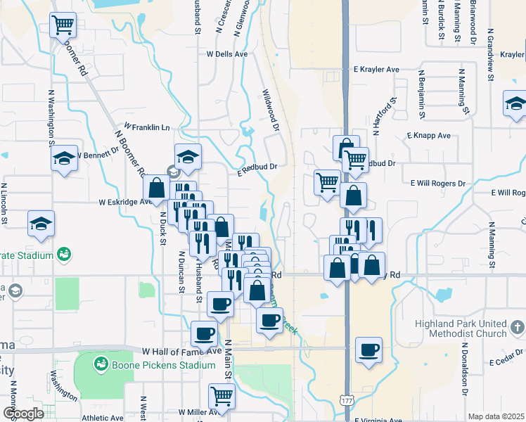 map of restaurants, bars, coffee shops, grocery stores, and more near 1111 North Lewis Street in Stillwater