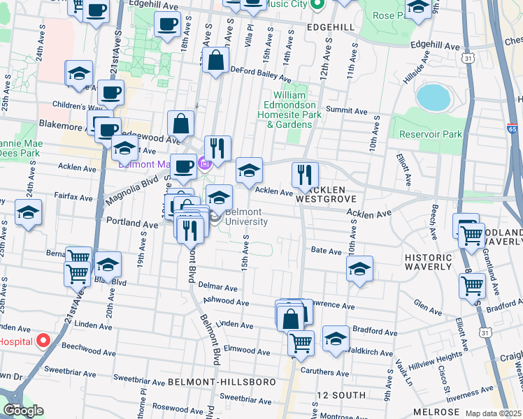 map of restaurants, bars, coffee shops, grocery stores, and more near 1411 Caldwell Avenue in Nashville