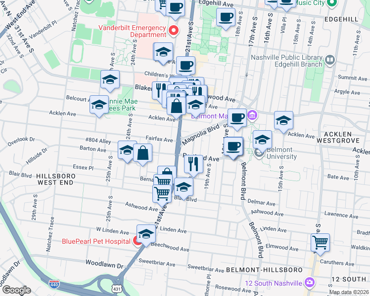 map of restaurants, bars, coffee shops, grocery stores, and more near in Nashville