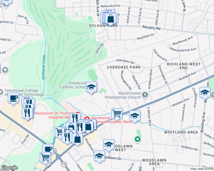 map of restaurants, bars, coffee shops, grocery stores, and more near 223 Cherokee Road in Nashville