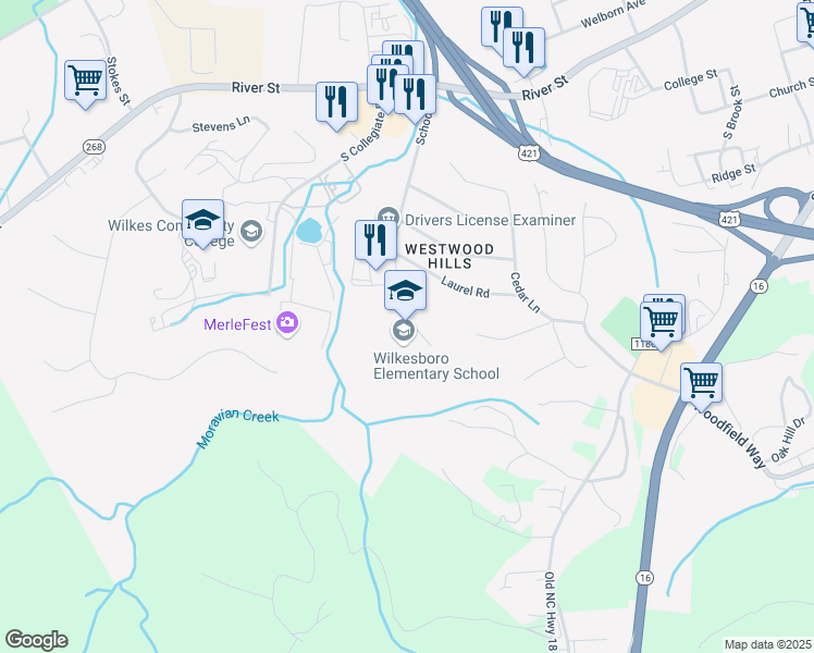 map of restaurants, bars, coffee shops, grocery stores, and more near 1248 School Street in Wilkesboro