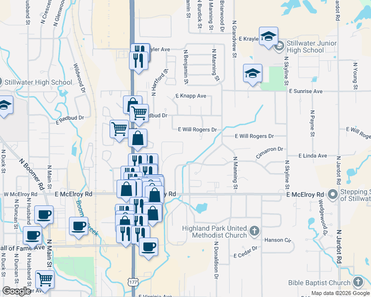 map of restaurants, bars, coffee shops, grocery stores, and more near 715 North Dryden Circle in Stillwater