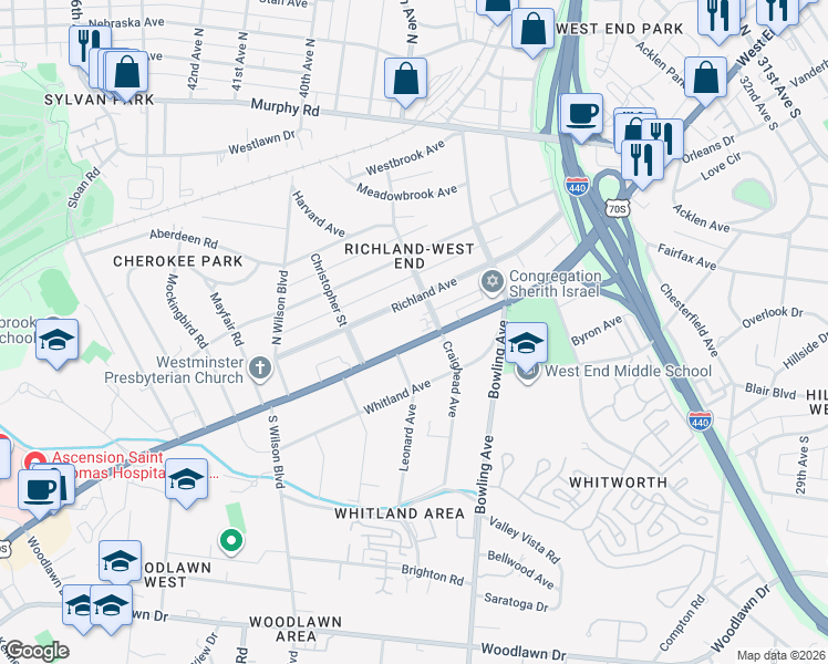 map of restaurants, bars, coffee shops, grocery stores, and more near 3706 West End Avenue in Nashville