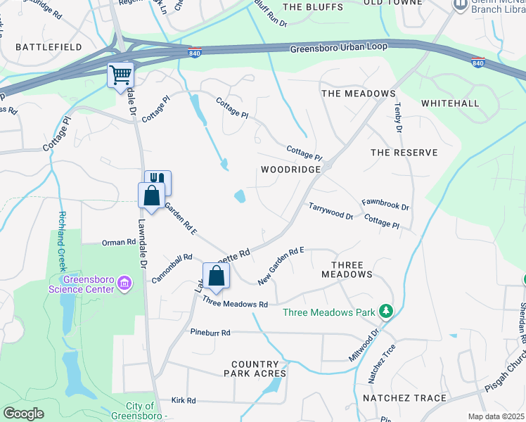 map of restaurants, bars, coffee shops, grocery stores, and more near 4011 Ridgedale Drive in Greensboro