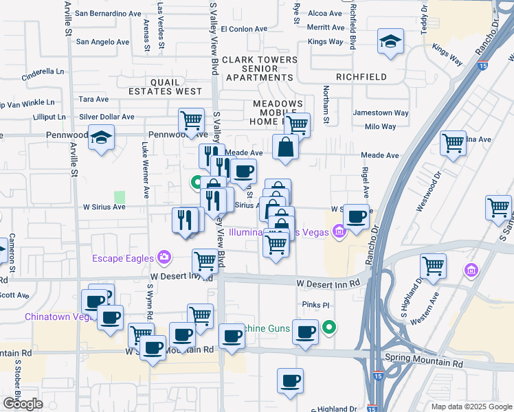 map of restaurants, bars, coffee shops, grocery stores, and more near 3100 South Procyon Avenue in Las Vegas