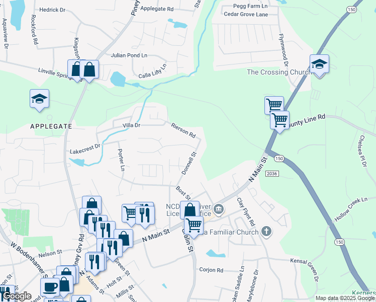 map of restaurants, bars, coffee shops, grocery stores, and more near 301 Windsor Manor Way in Kernersville
