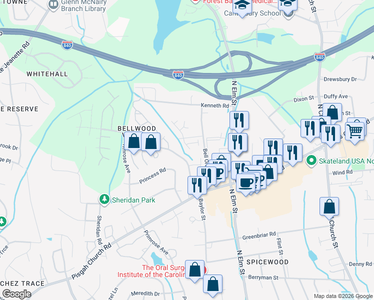 map of restaurants, bars, coffee shops, grocery stores, and more near 4140 Baylor Street in Greensboro